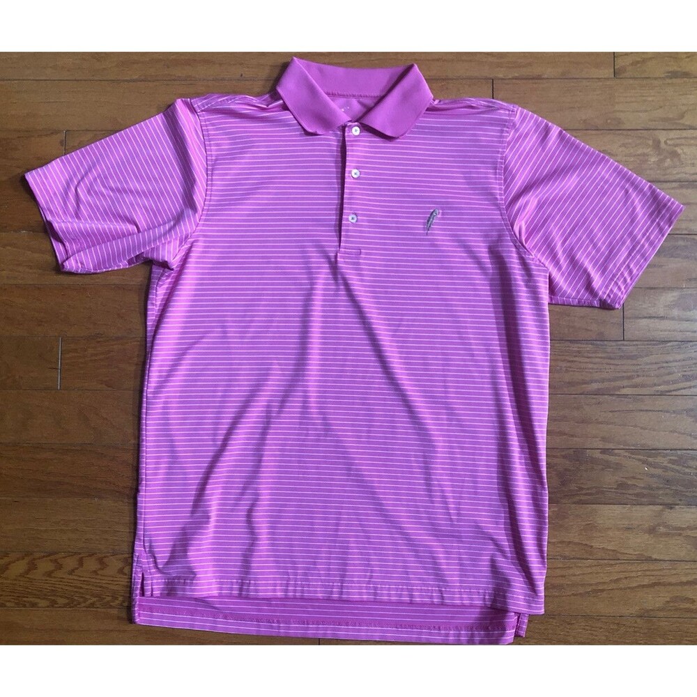 F&G Tech Logo Golf Men’s Short Sleeve Collared Polo Shirt L  Pink Striped